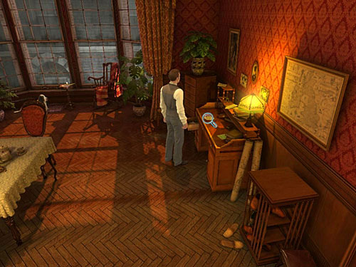 Take a look also at a desk (right of window) - Find Clues about Holmes Location | Hideout in Whitechapel - Hideout in Whitechapel - The Testament of Sherlock Holmes Game Guide