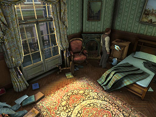 Go on the other side of bed and look to an open drawer of cupboard - Find Clues about Holmes Location | Hideout in Whitechapel - Hideout in Whitechapel - The Testament of Sherlock Holmes Game Guide