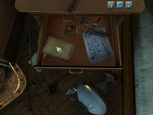 Move a box of tobacco and notice, that it covered a hole - Find Clues about Holmes Location | Hideout in Whitechapel - Hideout in Whitechapel - The Testament of Sherlock Holmes Game Guide