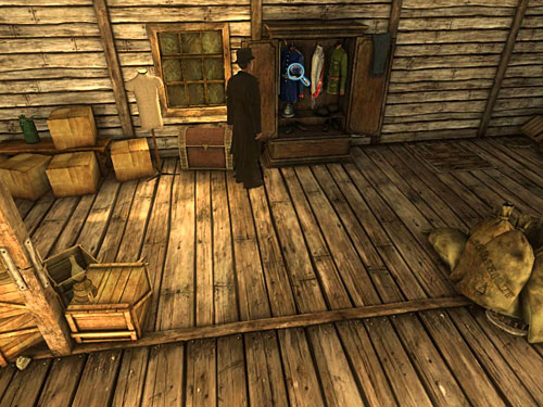 As Holmes, move forward and notice an open wardrobe with ceremonial parade uniforms - Search an Attic | A Fire in Sawmill - A Fire in Sawmill - The Testament of Sherlock Holmes Game Guide