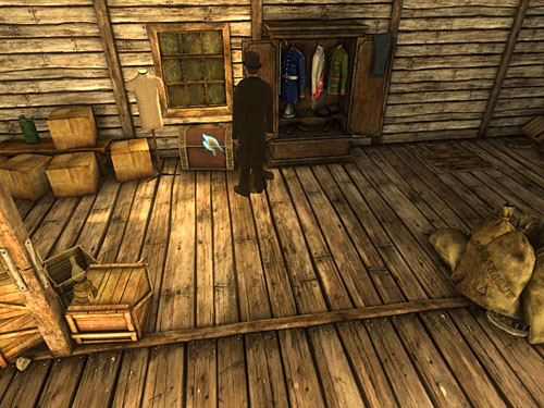 On the left you see a mysterious chest - Search an Attic | A Fire in Sawmill - A Fire in Sawmill - The Testament of Sherlock Holmes Game Guide