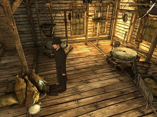 Go forward and notice few full bags, which stand out - Search an Attic | A Fire in Sawmill - A Fire in Sawmill - The Testament of Sherlock Holmes Game Guide