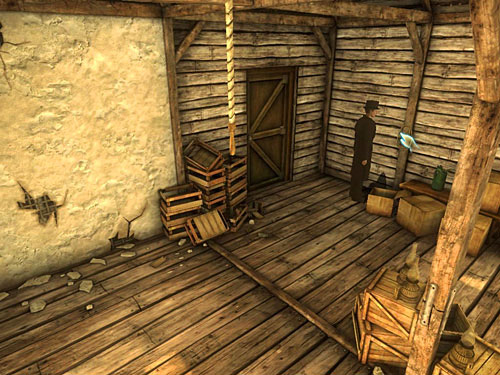 From a pillar nearby entrance take a rope - Destroy False Wall (1) | A Fire in Sawmill - A Fire in Sawmill - The Testament of Sherlock Holmes Game Guide