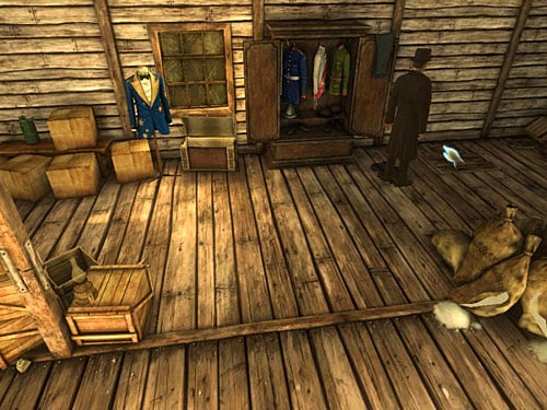 Go to the hatch right of the wardrobe and call Watson - Find a Cog | A Fire in Sawmill - A Fire in Sawmill - The Testament of Sherlock Holmes Game Guide