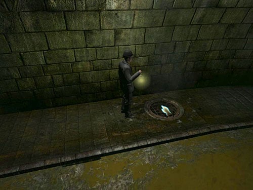 At the next footprint, look at a grate - Go Deeper into Sewers | Meeting in the Sewers - Meeting in the Sewers - The Testament of Sherlock Holmes Game Guide