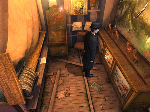 Notice a central poster at a shelf - Open a Secret Box | A Grand Final in the Fun Fair - A Grand Final in the Fun Fair - The Testament of Sherlock Holmes Game Guide