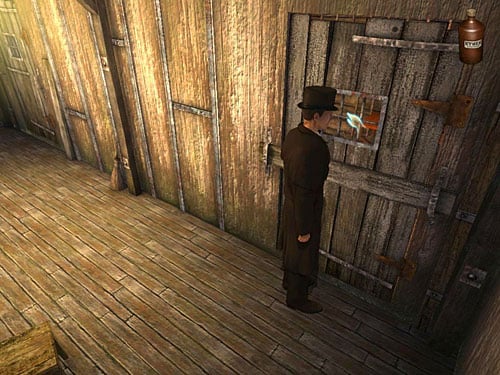 Through a bar window you through a bottle of ether inside, it will sleep the guard - Get Rid of the First Guard | A Grand Final in the Fun Fair - A Grand Final in the Fun Fair - The Testament of Sherlock Holmes Game Guide