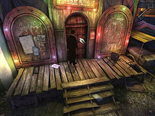 When guard goes inside, go under an entrance to Freak Show and close the door with the key youve found - Take Care of the Second Guard | A Grand Final in the Fun Fair - A Grand Final in the Fun Fair - The Testament of Sherlock Holmes Game Guide