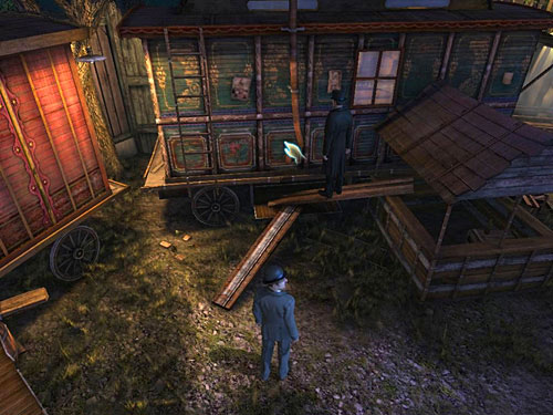 Go to the green trailers side and take off the metal tray - Lure Anarchists Out | A Grand Final in the Fun Fair - A Grand Final in the Fun Fair - The Testament of Sherlock Holmes Game Guide