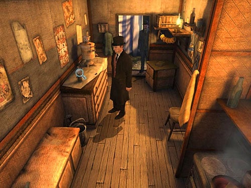 Heading for exit, notice a wooden figure on the cupboard - Discover Anarchists Plans | A Grand Final in the Fun Fair - A Grand Final in the Fun Fair - The Testament of Sherlock Holmes Game Guide