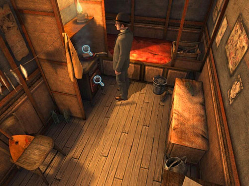 Notice that the stove is heated up and that grease is singing - Get to the Anarchists workshop | A Grand Final in the Fun Fair - A Grand Final in the Fun Fair - The Testament of Sherlock Holmes Game Guide