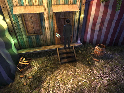 There is nothing to look for in the third trailer, so go to the barrack (white-green strapes) behind it) - Get to the Anarchists workshop | A Grand Final in the Fun Fair - A Grand Final in the Fun Fair - The Testament of Sherlock Holmes Game Guide