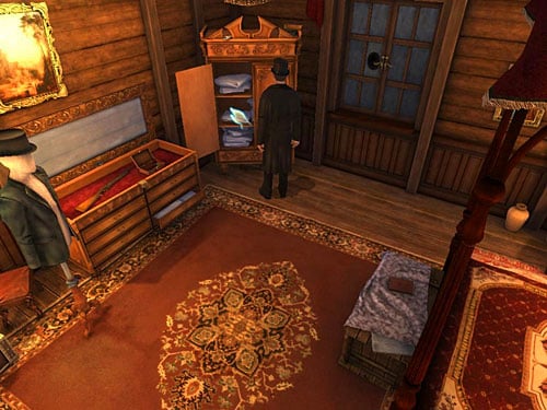 So return to professors bedroom and take two draped sheet from a wardrobe next to the window - Get to the Other Side of Gallery | A Grand Final in the Fun Fair - A Grand Final in the Fun Fair - The Testament of Sherlock Holmes Game Guide