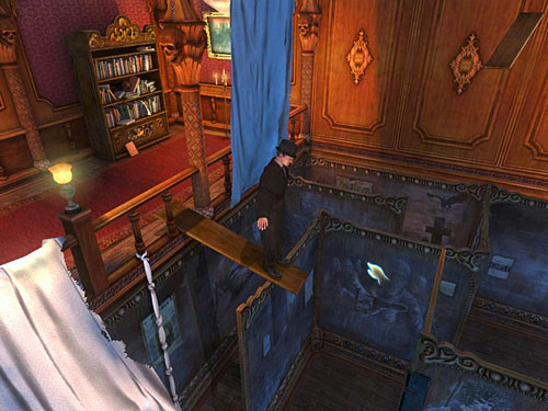 Standing on it, with activated planks, click the closest partition, so Sherlock lean another plank against it - Get to the Other Side of Gallery | A Grand Final in the Fun Fair - A Grand Final in the Fun Fair - The Testament of Sherlock Holmes Game Guide