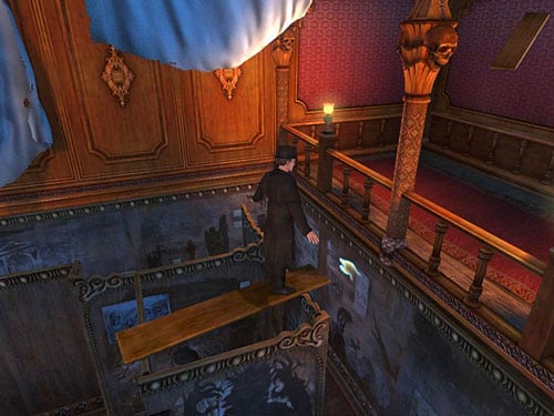 Turn around and lean it against a balustrade - Get to the Other Side of Gallery | A Grand Final in the Fun Fair - A Grand Final in the Fun Fair - The Testament of Sherlock Holmes Game Guide