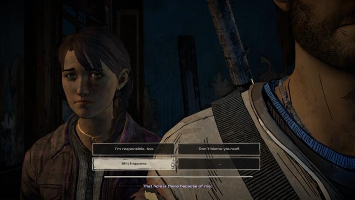 The group moves to an upper floor, leaving you with an opportunity to talk with Kate - The Walking Dead: A New Frontier: Chapter 2 - Promises and Lies - The Walking Dead: A New Frontier: Episode 5 From the Gallows - The Walking Dead: The Telltale Series - A New Frontier Game Guide