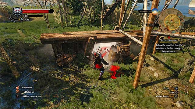 The chest has been hidden behind the barrels - The Witcher 3 Wild Hunt: Treasure hunt, Inn by the Crossroads - walkthrough - The Witcher 3: Inn by the Crossroads - The Witcher 3 Wild Hunt Guide