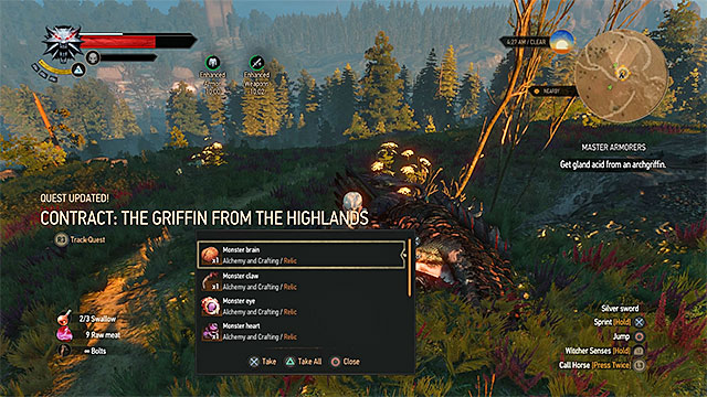 After killing the griffin obtain its acid gland - The Witcher 3 Wild Hunt: Side quests, Crows Perch - list, walkthrough - The Witcher 3: Crows Perch - The Witcher 3 Wild Hunt Guide