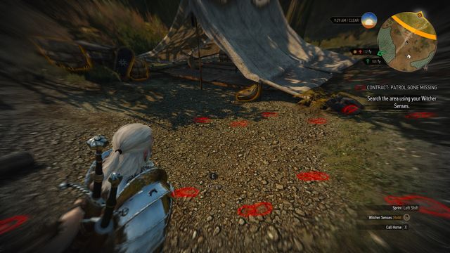 When you reach the camp examine it with witcher senses and follow the footprints. - The Witcher 3 Wild Hunt: Witcher contracts, Military camp - walkthrough - The Witcher 3: Military Camp - The Witcher 3 Wild Hunt Guide
