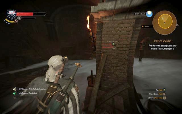 The button is one of the bricks on the pillar - The Witcher 3 Wild Hunt: Pyres of Novigrad - walkthrough - The Witcher 3: Free City of Novigrad - The Witcher 3 Wild Hunt Guide