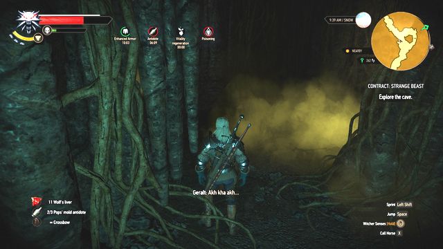 Watch out for poisonous fumes. Try to run through them as quickly as possible. - The Witcher 3 Wild Hunt: Witcher contracts in Hindarsfjall - list, walkthrough - The Witcher 3: Hindarsfjall - The Witcher 3 Wild Hunt Guide