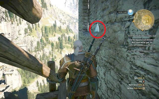 Exit the tower and jump on the wall to the north where a wooden staging is placed - The Witcher 3 Wild Hunt: Basic Wolf School Gear - The Witcher 3: Wolf School Gear (DLC) - The Witcher 3 Wild Hunt Guide