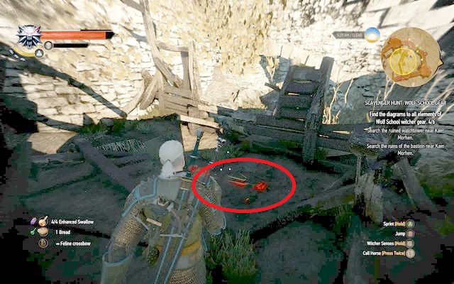 Schematic can be found to the right in an entrance in between the burned ruins - The Witcher 3 Wild Hunt: Basic Wolf School Gear - The Witcher 3: Wolf School Gear (DLC) - The Witcher 3 Wild Hunt Guide