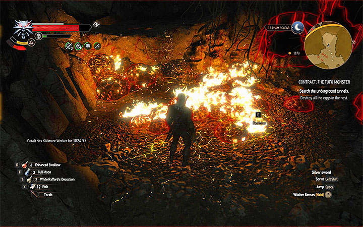 Burn the eggs with Igni sign - Contract: The Tufo Monster - shaelmaar contract - Witcher contracts and Treasure hunts quests - The Witcher 3: Blood and Wine Game Guide
