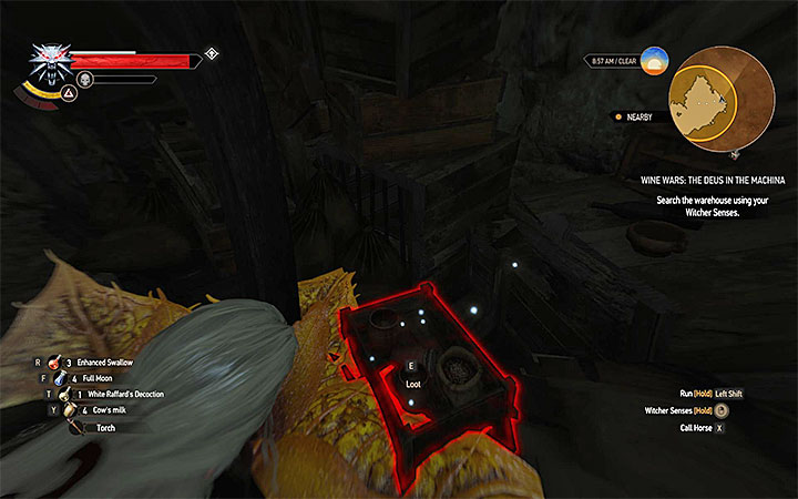 Not long after you begin to explore the warehouse (you can use the witcher senses to help you), Geralt will be attacked by 42 level archespor - Wine Wars - group of side quests - Side quests - The Witcher 3: Blood and Wine Game Guide