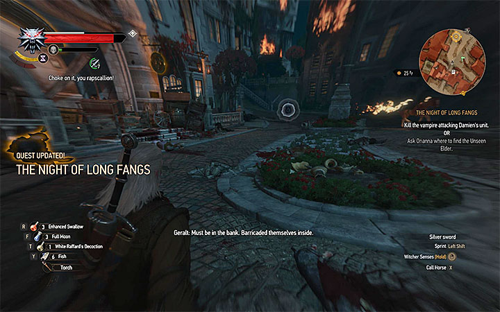 Get near the bank - The Night of Long Fangs - quest about the vampire attack on the city - Main quests - The Witcher 3: Blood and Wine Game Guide