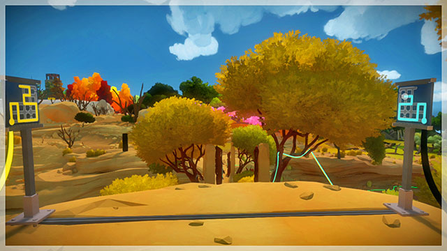 To solve puzzles on the left, stand in the spot, where you can both see the puzzles with the yellow and the blue paths - Walkthrough | Rock in The Witness - Rock - The Witness Game Guide & Walkthrough