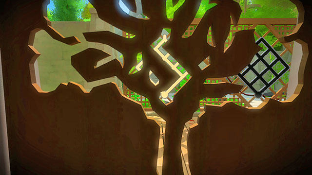 Position yourself in such a way so that you have the panel and the tree carved in the wall in front of you - Walkthrough | Monastery in The Witness - Monastery - The Witness Game Guide & Walkthrough
