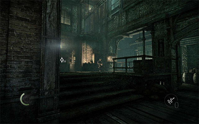 Both of the above variants (using the side corridors or crossing the location with the scientist) will allow you to reach the area shown in the above screenshot, where you will run into a sleeping guard - Exploration of the second part of the foundry - Chapter 2: Dust to Dust - Thief - Game Guide and Walkthrough