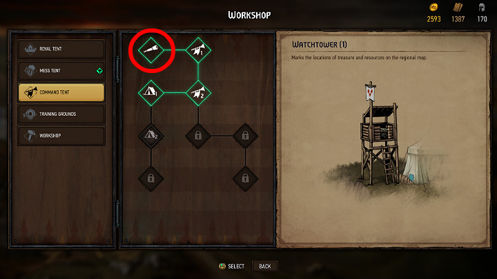 Before you can use this option, you must first build a watchtower from the workshop - The Basic tips for Thronebreaker The Witcher Tales - General Advice - Thronebreaker The Witcher Tales Guide