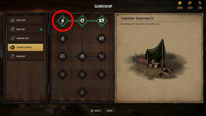 Try to quickly expand your training ground with an additional option, which will allow you to get up to 75 gold for every fight you win - Resources in Thronebreaker The Witcher Tales - General Advice - Thronebreaker The Witcher Tales Guide