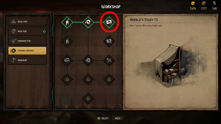 Another way to get more recruits is to extend the training area with an additional option, which will allow you to get 1 recruit after each battle victory - Resources in Thronebreaker The Witcher Tales - General Advice - Thronebreaker The Witcher Tales Guide