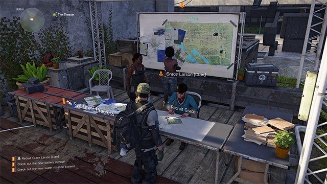 The screen shows the place, where you can hire new crew members, responsible for managing the clan (the Theatre Settlement). - How to unlock a Clan in The Division 2? - FAQ - The Division 2 Guide