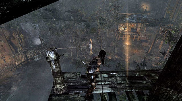 It you want to increase your chances of eliminating everyone in the forest without a sweat, locate a vantage point to the west, from which you can see the hunting lodge below (screenshot) - Find a Way Out of the Forest | 19: Some Time Alone Walkthrough - 19: Some Time Alone | Walkthrough - Tomb Raider Game Guide