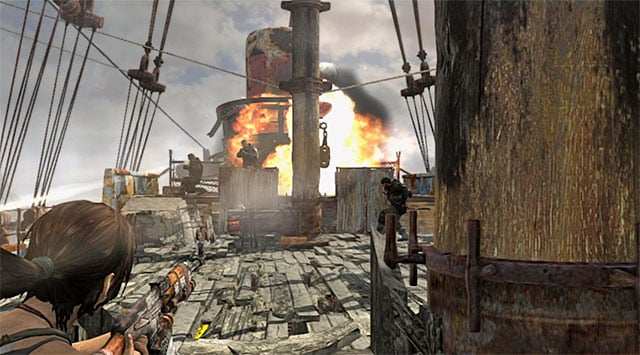 I suggest keeping to a cover during the whole firefight, moving left or right only when you need to - Travel to the Survivors Camp | 20: The Fast Way Down Walkthrough - 20: The Fast Way Down | Walkthrough - Tomb Raider Game Guide