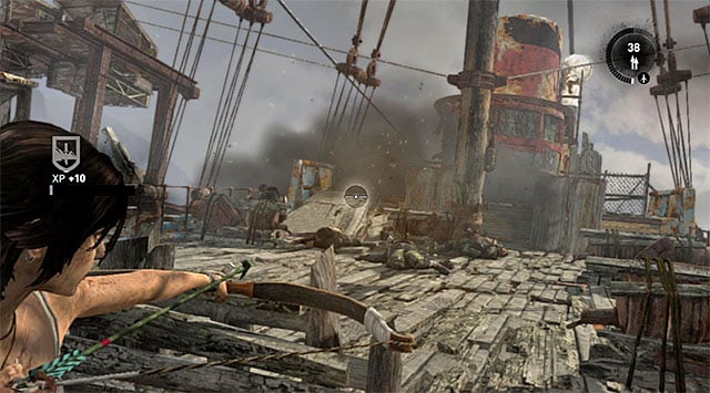 When you run out of ammo, look around for supplies or switch to a pistol or the bow - Travel to the Survivors Camp | 20: The Fast Way Down Walkthrough - 20: The Fast Way Down | Walkthrough - Tomb Raider Game Guide