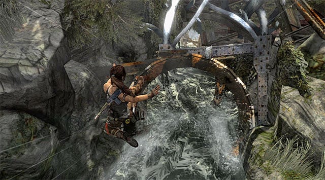 Press the dodge button as soon as Lara finds herself just above the water - Travel to the Survivors Camp | 20: The Fast Way Down Walkthrough - 20: The Fast Way Down | Walkthrough - Tomb Raider Game Guide