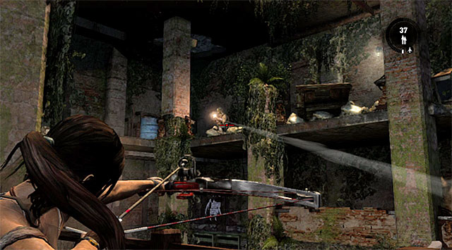 Check out the sideway room for some supplies, then move to the nearby gallery and hide behind the wall - Reach the Endurance Wreck (part 2) | 22: Gone Missing Walkthrough - 22: Gone Missing | Walkthrough - Tomb Raider Game Guide