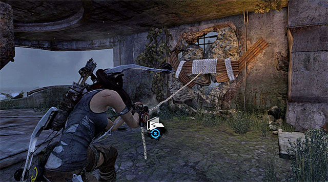 When she finds herself back in the first room, turn right and pull out the door pictured above using a rope arrow - Return to the Survivor Camp on the Beach | 22: Gone Missing Walkthrough - 22: Gone Missing | Walkthrough - Tomb Raider Game Guide