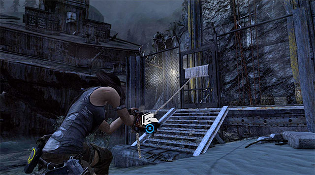 Head north from the survivors camp, stopping by the locked passage shown on the screen - Start the Climb Up to the Research Base | 23: Storm Chaser Walkthrough - 23: Storm Chaser | Walkthrough - Tomb Raider Game Guide