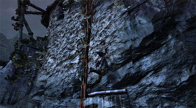 Stay on a small ledge and bounce off the vertical wall so Lara can reach the ledge and then interactive walls shown on the screen - Start the Climb Up to the Research Base | 23: Storm Chaser Walkthrough - 23: Storm Chaser | Walkthrough - Tomb Raider Game Guide