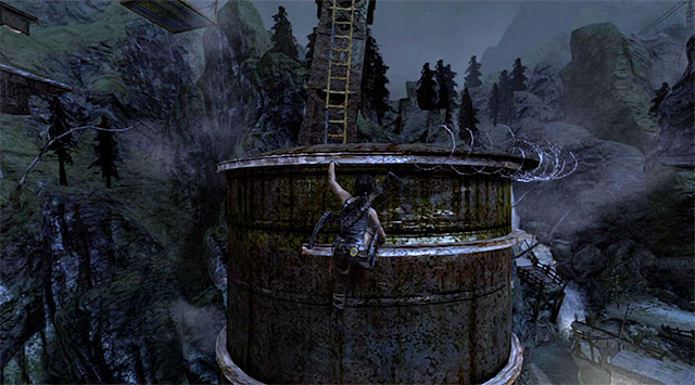 Start moving along tanks walls, looking for a place where Lara can climb up to the top of this construction (screen) - Enter the Research Base | 23: Storm Chaser Walkthrough - 23: Storm Chaser | Walkthrough - Tomb Raider Game Guide
