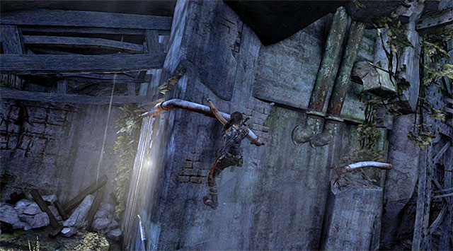 After the ride on the line approach the vertical wall and bounce off it so your heroine can grab the pipe - Enter the Research Base | 23: Storm Chaser Walkthrough - 23: Storm Chaser | Walkthrough - Tomb Raider Game Guide