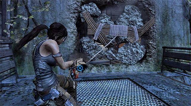 Continue ahead, preparing to jump towards the yellow ladder visible in a distance - Enter the Research Base | 23: Storm Chaser Walkthrough - 23: Storm Chaser | Walkthrough - Tomb Raider Game Guide