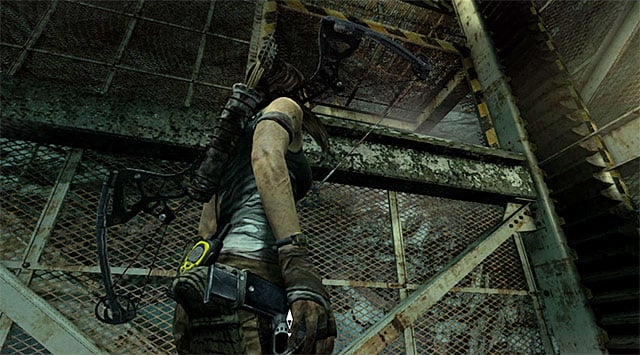 Enter the elevator and locate a hole shown on the screen - jump towards it in order to get to the staircase - Discover the Ancient Tomb | 23: Storm Chaser Walkthrough - 23: Storm Chaser | Walkthrough - Tomb Raider Game Guide