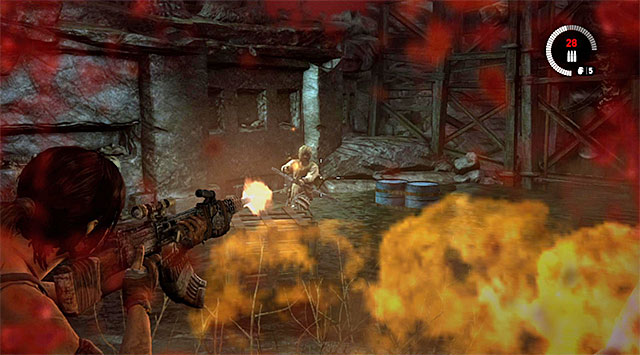 Many opponents will, of course, use explosive and fire arrows, so change covers if necessary, positioning yourself alternately at barrels and stairs - Exit the Research Base | 23: Storm Chaser Walkthrough - 23: Storm Chaser | Walkthrough - Tomb Raider Game Guide